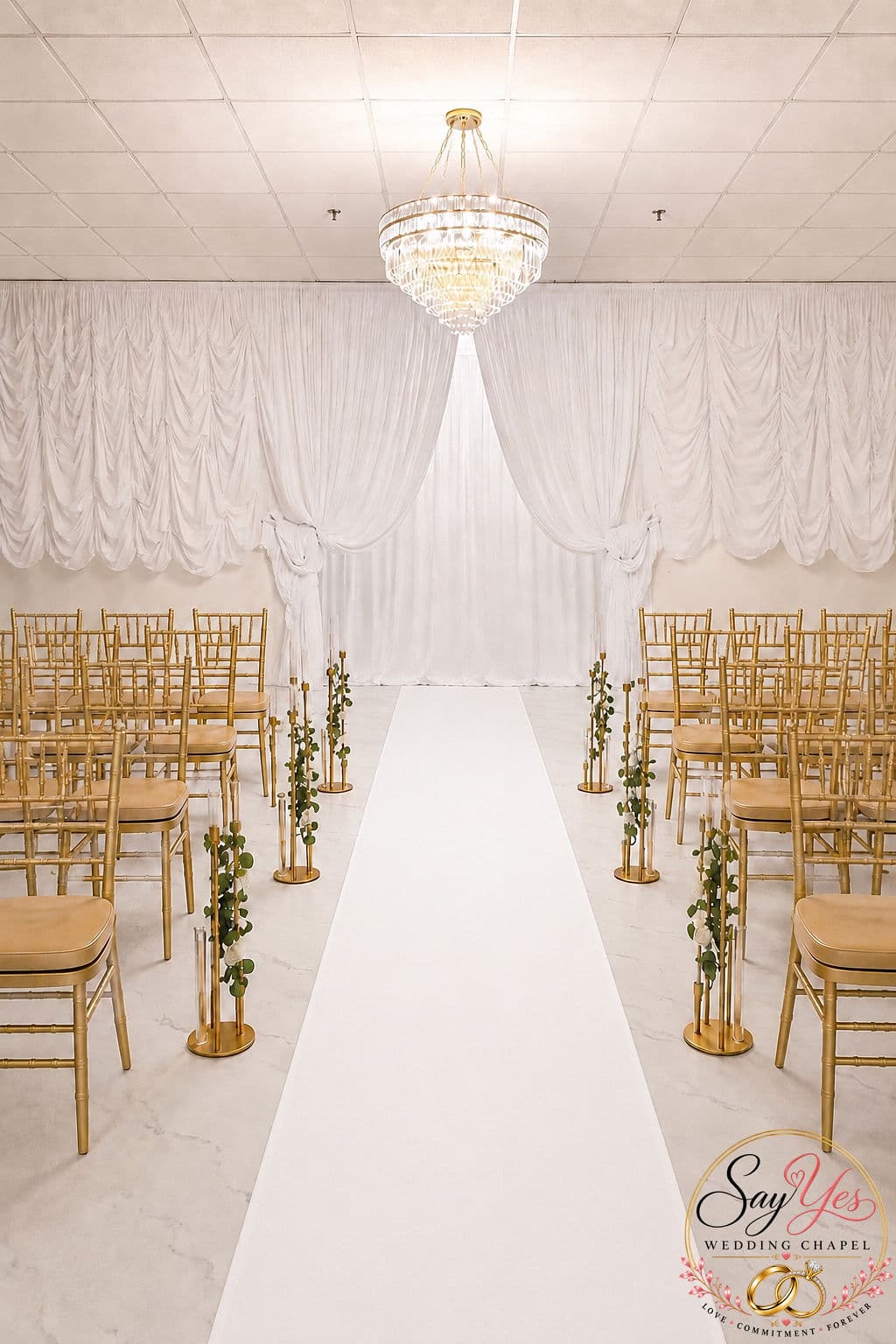 Chapel aisle with gold chairs, a white runner and a crystal chandelier